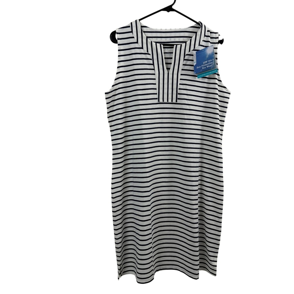 Coolibar Oceanside Tank Dress Womens Medium White Navy Blue Striped UPF 50 NWT